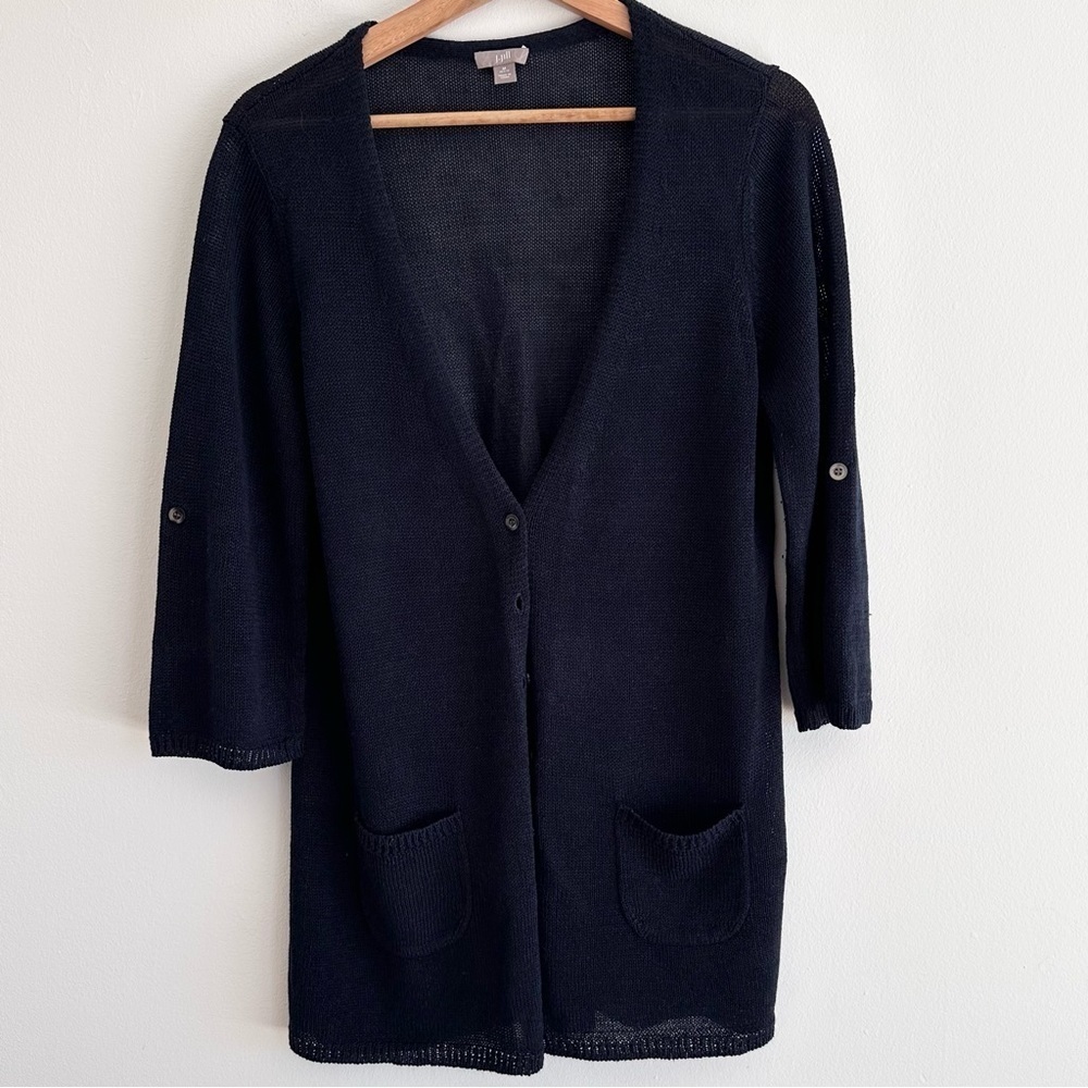 J. Jill linen rayon bamboo loose knit longline roll tab navy cardigan